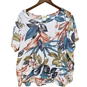 C&C California 100% Linen Floral Print Top Short Sleeve Relaxed Fit Blouse 2XL